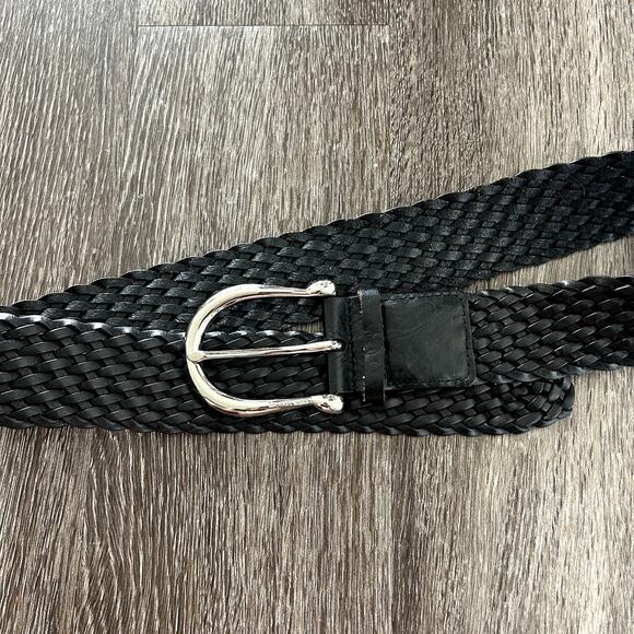 EUC Michael Kors Black Braided Leather Belt Silver Buckle Medium Classic Chic MK - Picture 2 of 13